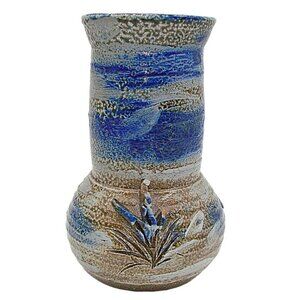 Vintage Handcrafted Pottery Vase Jar Floral Blue Gray Brown 8" Signed DW '87